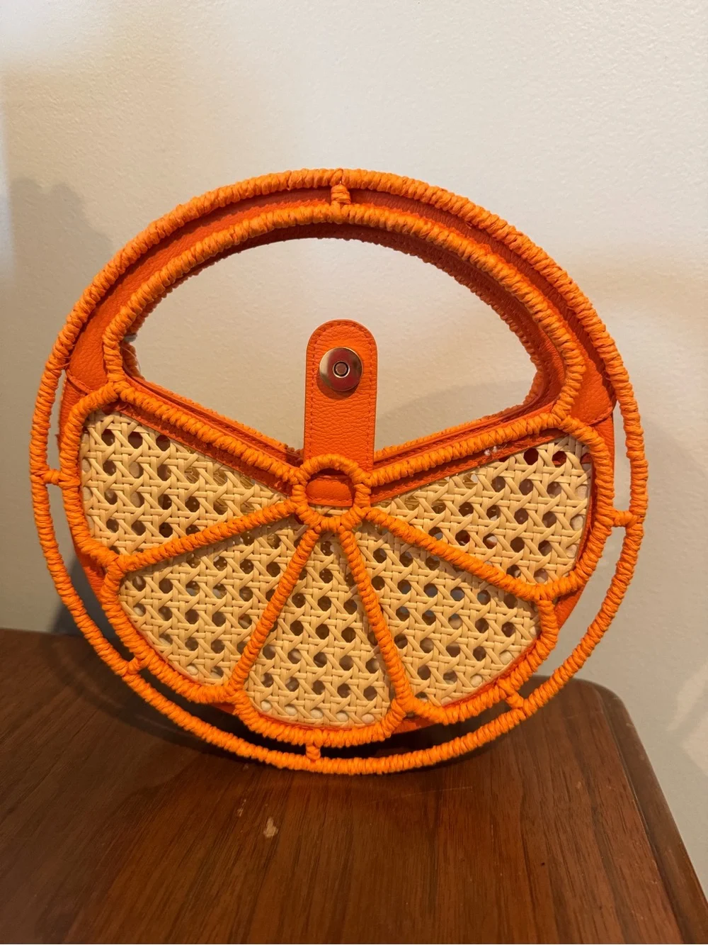 A New Day Rattan Wicker Orange Slice Fruit Bag Circular Clutch Purse NWT